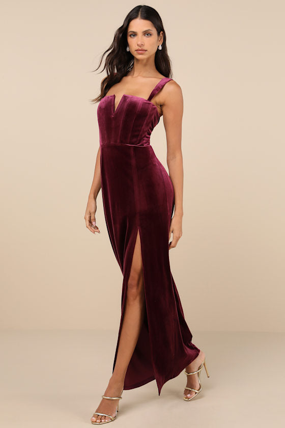 Pristine Luxury Dark Berry Velvet Bustier Maxi Dress