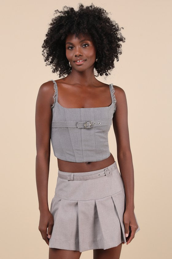 Perfect Bustier Ever Grey Ruffled Buckle Lace-Up Bustier Top