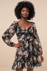 Truly Adorable Green Floral Burnout Balloon Sleeve Mini Dress