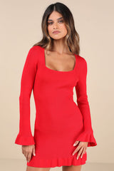 Cozy Outlook Red Long Sleeve Sweater Mini Dress