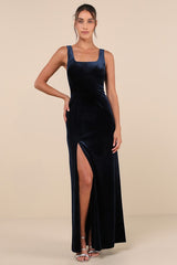Elegant Sweetie Dark Navy Velvet Square Neck Maxi Dress