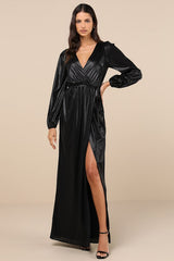 Extra Aesthetic Black Shiny Long Sleeve Surplice Maxi Dress
