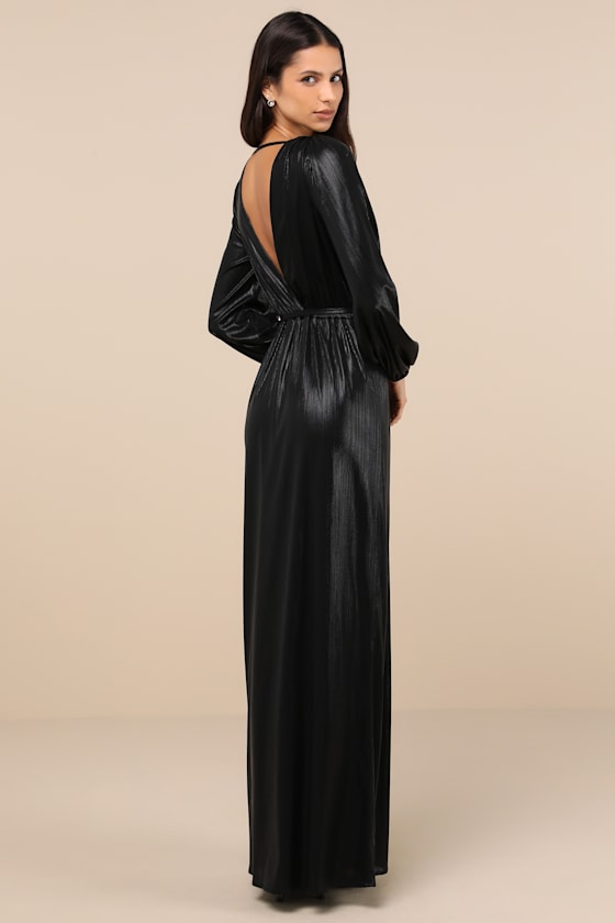 Extra Aesthetic Black Shiny Long Sleeve Surplice Maxi Dress