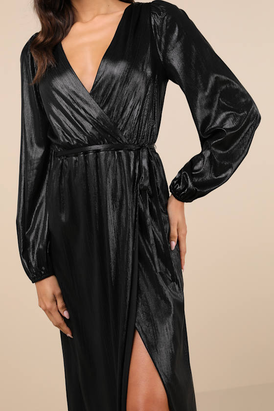 Extra Aesthetic Black Shiny Long Sleeve Surplice Maxi Dress