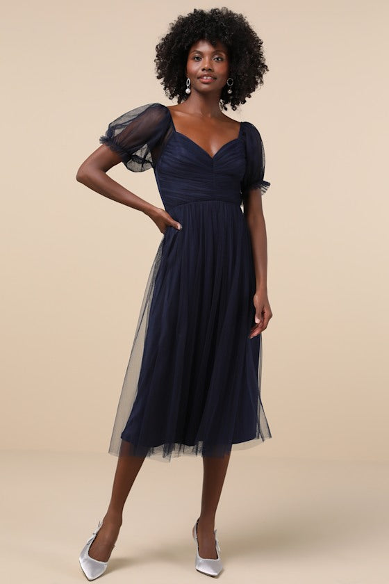 Glorious Chicness Navy Tulle Pleated Puff Sleeve Midi Dress