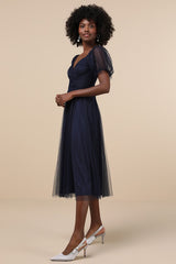 Glorious Chicness Navy Tulle Pleated Puff Sleeve Midi Dress