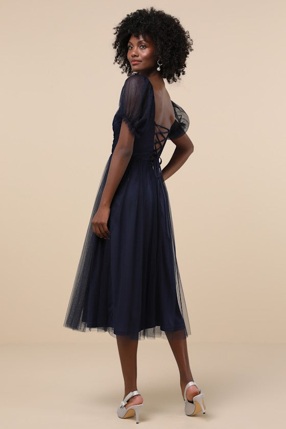 Glorious Chicness Navy Tulle Pleated Puff Sleeve Midi Dress