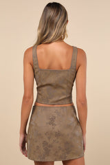 Coveted Brown Floral Vegan Leather Mini Skirt