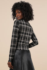 Iconic Aspect Black and Grey Plaid Cutout Long Sleeve Top