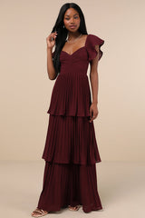 Notorious Charm Plum Purple Pleated Flutter Sleeve Maxi Dress