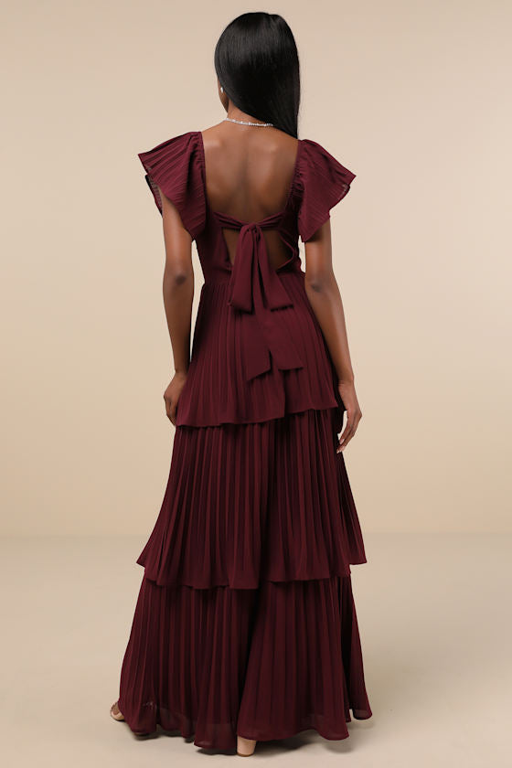 Notorious Charm Plum Purple Pleated Flutter Sleeve Maxi Dress