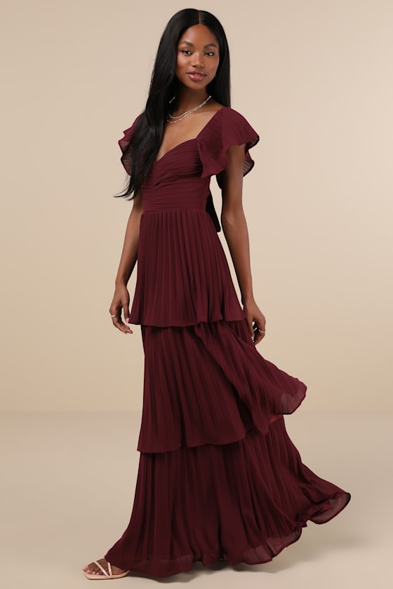 Notorious Charm Plum Purple Pleated Flutter Sleeve Maxi Dress
