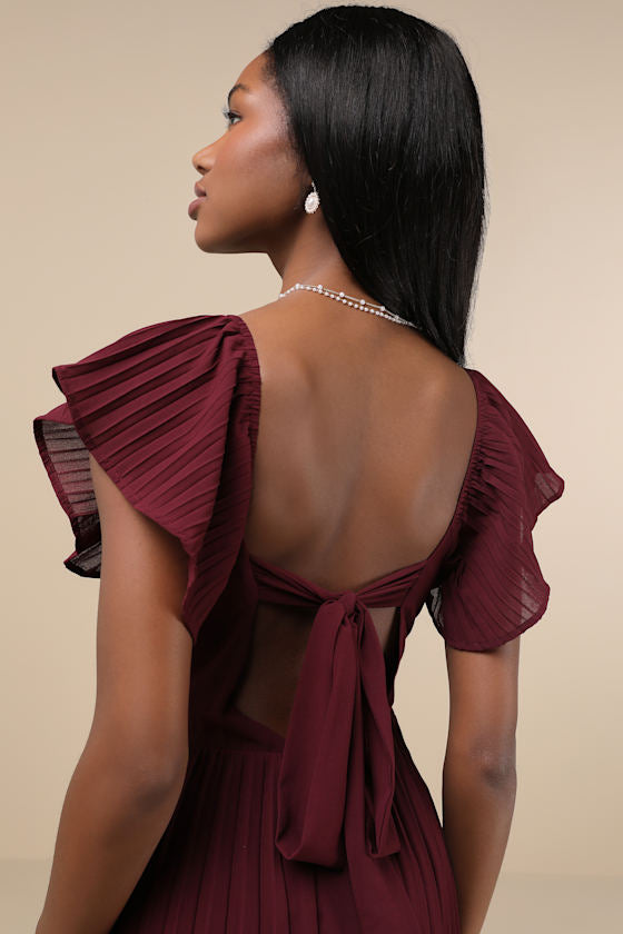 Notorious Charm Plum Purple Pleated Flutter Sleeve Maxi Dress