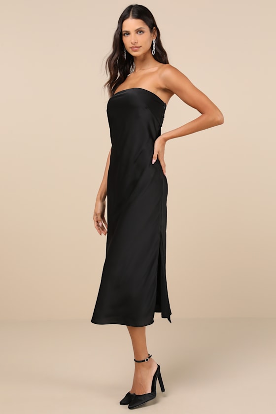 Effortless Bliss Black Satin Strapless Cowl Back Midi Dress