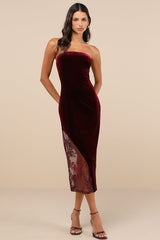 Feeling So Luxe Burgundy Velvet Mesh Sequin Strapless Midi Dress
