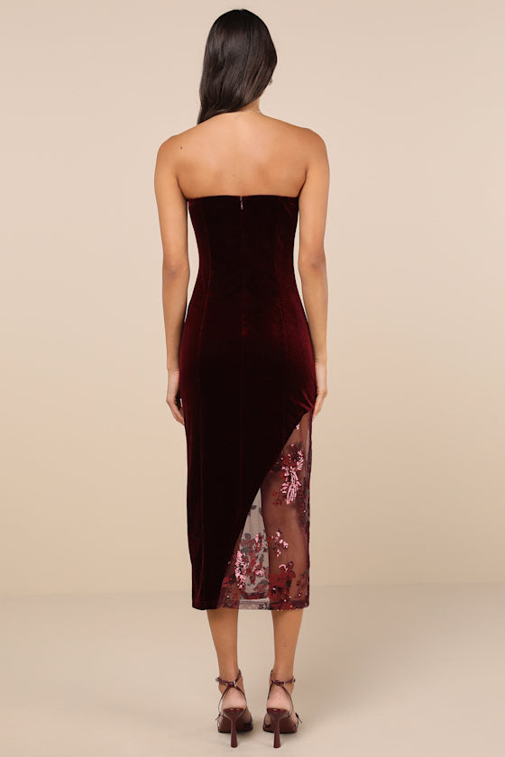Feeling So Luxe Burgundy Velvet Mesh Sequin Strapless Midi Dress