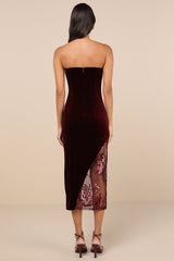 Feeling So Luxe Burgundy Velvet Mesh Sequin Strapless Midi Dress
