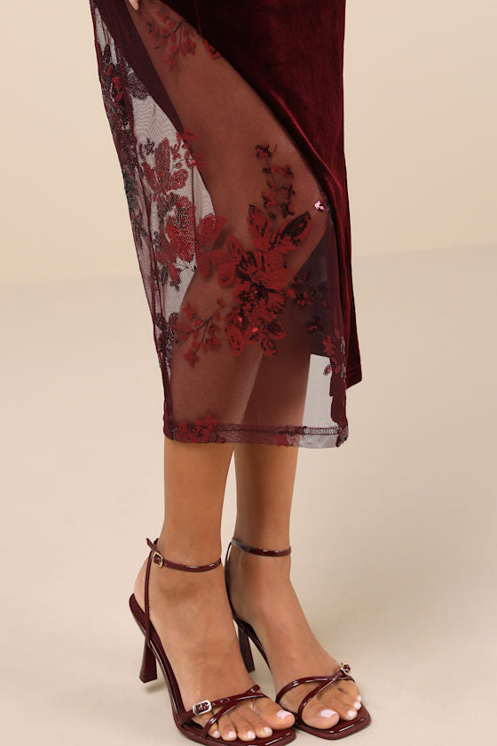 Feeling So Luxe Burgundy Velvet Mesh Sequin Strapless Midi Dress