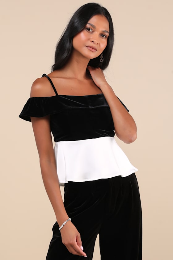 Contemporary Drama Black and White Velvet Cold Shoulder Top