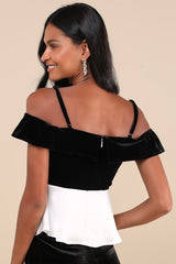 Contemporary Drama Black and White Velvet Cold Shoulder Top