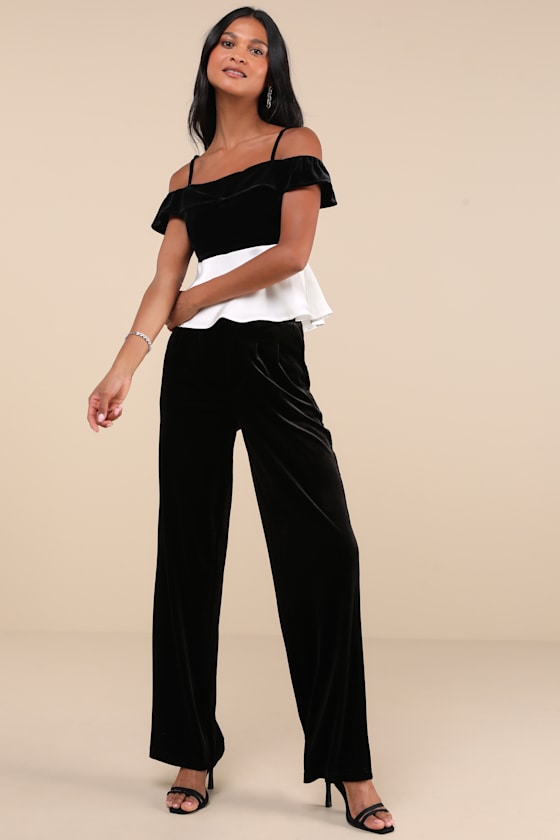 Contemporary Drama Black and White Velvet Cold Shoulder Top