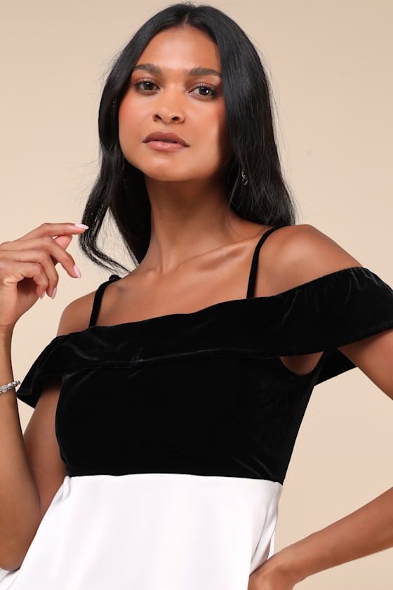 Contemporary Drama Black and White Velvet Cold Shoulder Top
