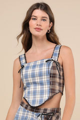 Plaid to Have It Blue and Brown Plaid Patchwork Lace Bustier Top