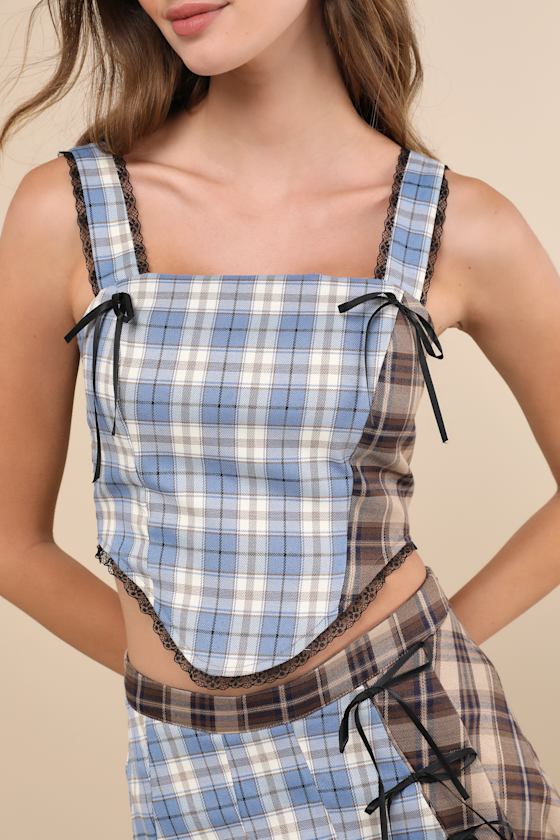 Plaid to Have It Blue and Brown Plaid Patchwork Lace Bustier Top
