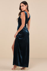 Beautiful Evenings Dark Teal Velvet Twist-Front Maxi Dress