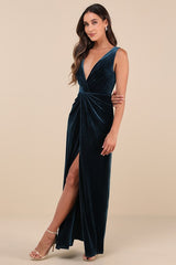 Beautiful Evenings Dark Teal Velvet Twist-Front Maxi Dress