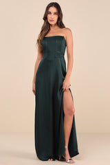 Extraordinary Presence Dark Green Satin Strapless Maxi Dress