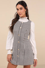 Coveted Poise Brown Houndstooth Button-Front Shift Mini Dress