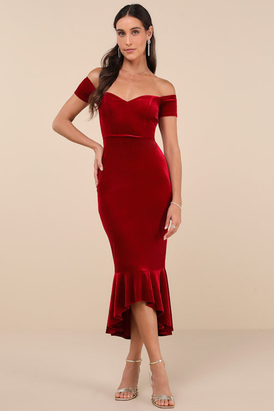 How Much I Care Wine Red Velvet Off-the-Shoulder Midi Dress