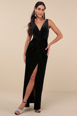 Beautiful Evenings Black Velvet Twist-Front Maxi Dress