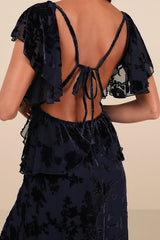 Romantic Wonder Navy Burnout Velvet Ruffled Tie-Back Maxi Dress