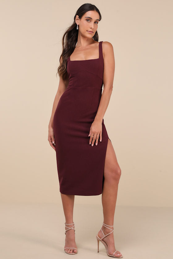 Vibrant Allure Plum Square Neck Sleeveless Bodycon Midi Dress