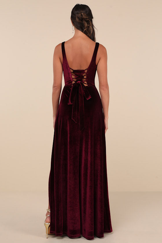 Graceful Invite Dark Plum Velvet Square Neck Lace-Up Maxi Dress