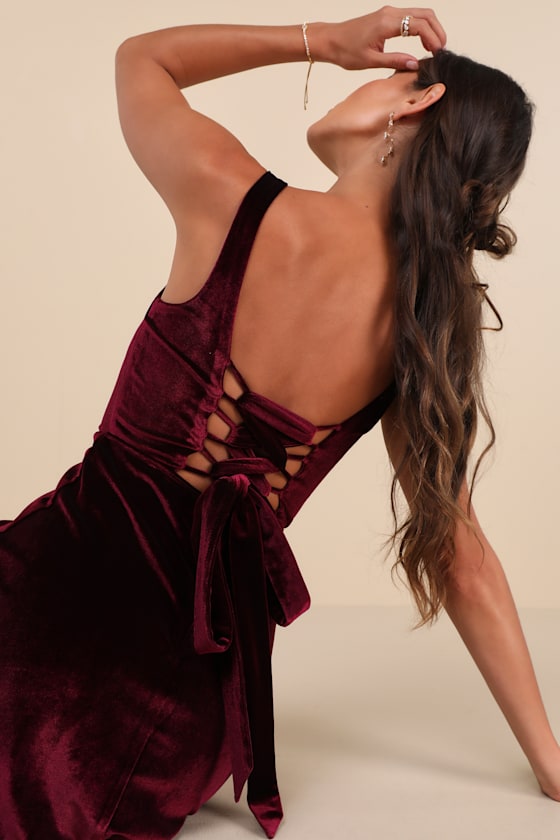 Graceful Invite Dark Plum Velvet Square Neck Lace-Up Maxi Dress