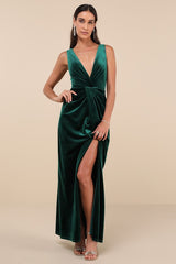 Beautiful Evenings Emerald Velvet Twist-Front Maxi Dress