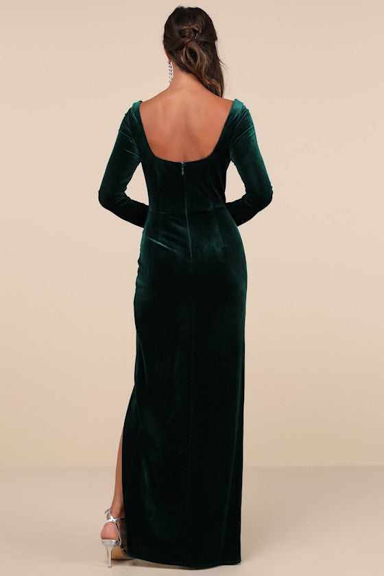 Forever Sensational Emerald Velvet Long Sleeve Maxi Dress