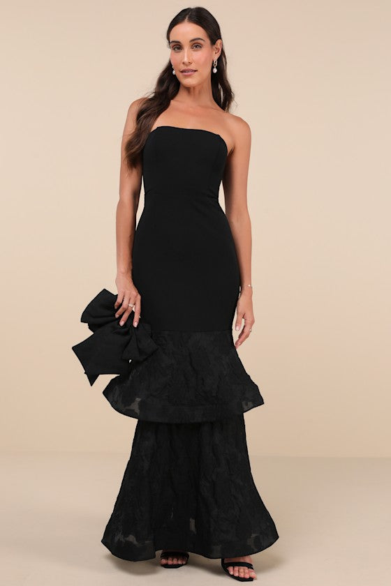 Immense Drama Black Strapless Tiered Jacquard Maxi Dress
