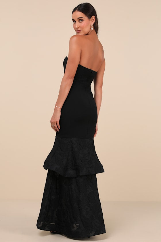 Immense Drama Black Strapless Tiered Jacquard Maxi Dress