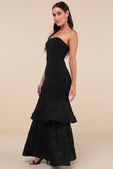 Immense Drama Black Strapless Tiered Jacquard Maxi Dress