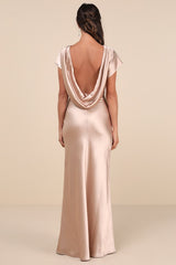 Captivating Presence Champagne Satin Cowl Back Maxi Dress