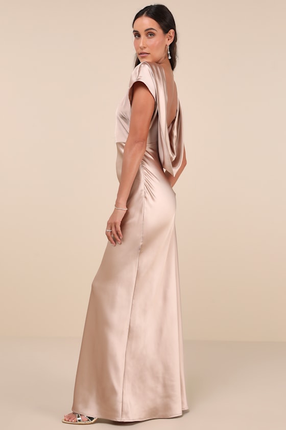 Captivating Presence Champagne Satin Cowl Back Maxi Dress