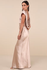 Captivating Presence Champagne Satin Cowl Back Maxi Dress