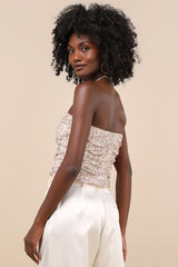 My Favorite Sparkle Rose Gold Sequin Ruched Strapless Crop Top