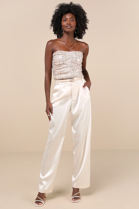 My Favorite Sparkle Rose Gold Sequin Ruched Strapless Crop Top
