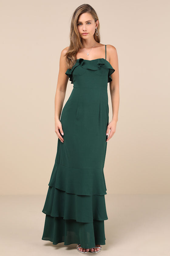 Lively Evenings Green Sleeveless Tiered Maxi Dress
