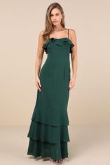 Lively Evenings Green Sleeveless Tiered Maxi Dress